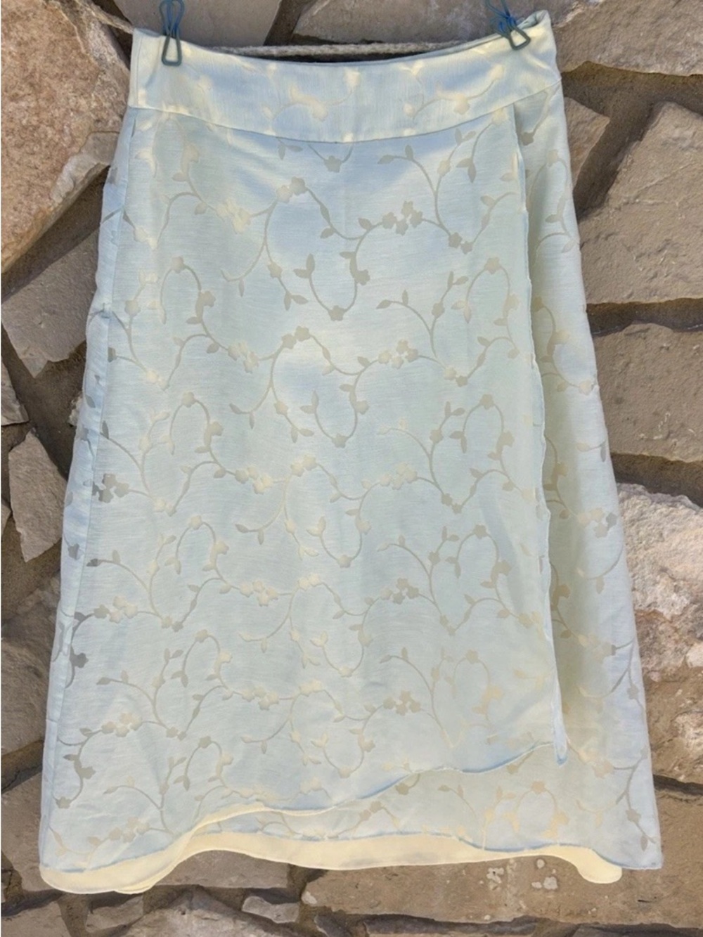 J Jill Linen Blend Skirt 8 Faux Wrap Light Blue Burnout Overlay Ivory Lining